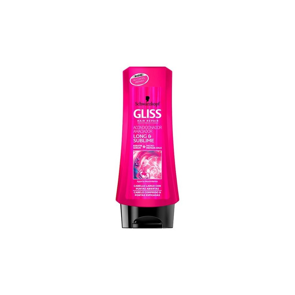 Bright pink bottle of GLISS LONG & SUBLIME conditioner by Schwarzkopf, featuring a black base and a label highlighting its benefits for long hair.