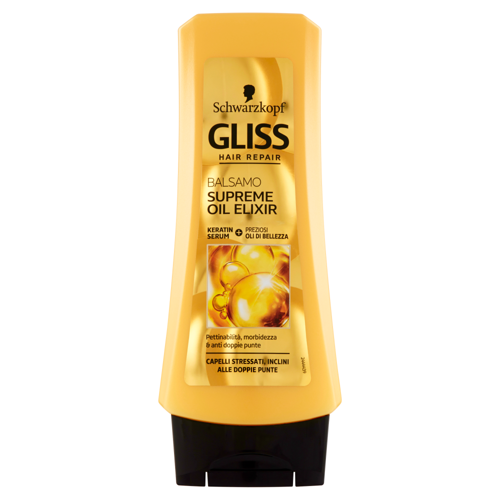 Gliss Hair Repair Nourishing Oil Conditioner in a yellow plastic bottle with a black label, featuring a gold cap and a clear window showcasing the product inside.