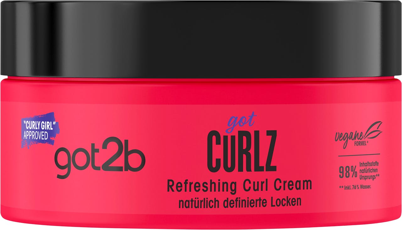 Bright red container of Got2b Curlz Coil Refreshing Cream for curls, featuring bold black text and a vegan symbol, with a net weight of 200ml.