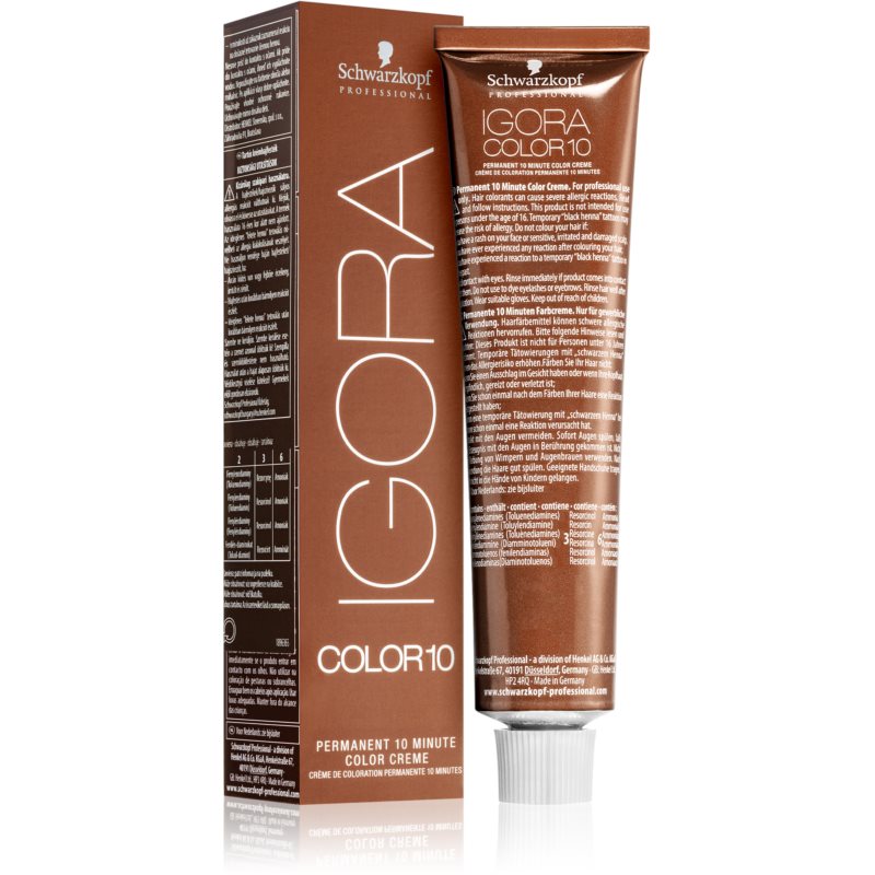 Schwarzkopf Professional Igora Color 10 Permanent Hair Colour in a brown tube, featuring bold white lettering and a sleek design, packaged in a matching box with product details.