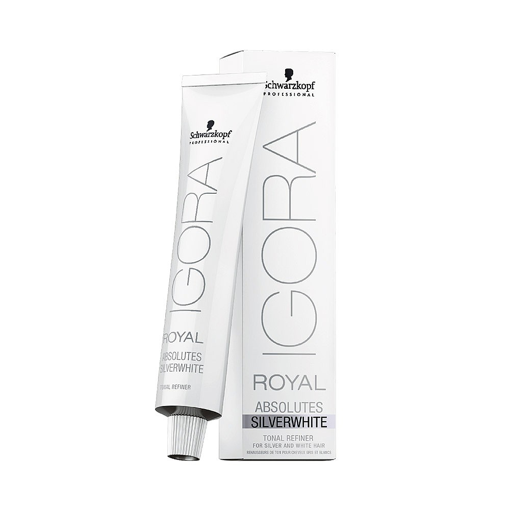 Schwarzkopf Igora Royal Permanent Hair Colour in a 60ml tube, featuring a sleek white design with silver accents, labeled "Silverwhite" for tonal refining.