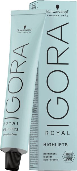 Schwarzkopf Professional Igora Royal Highlifts Lightening Hair Dye in a light blue tube, labeled "12-0 Special Natural Blonde," with a black nozzle and sleek design.