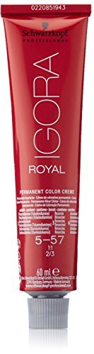 Red tube of Schwarzkopf Professional Igora Royal Permanent Hair Dye, 60 ml, labeled 5-57, featuring a light golden copper brown color, with a sleek design and professional branding.