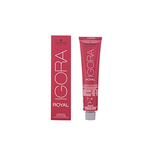 Schwarzkopf Professional Igora Royal Permanent Hair Dye in a 60ml tube, featuring a vibrant pink packaging with white text, labeled 7-4 for Medium Blonde Beige color.