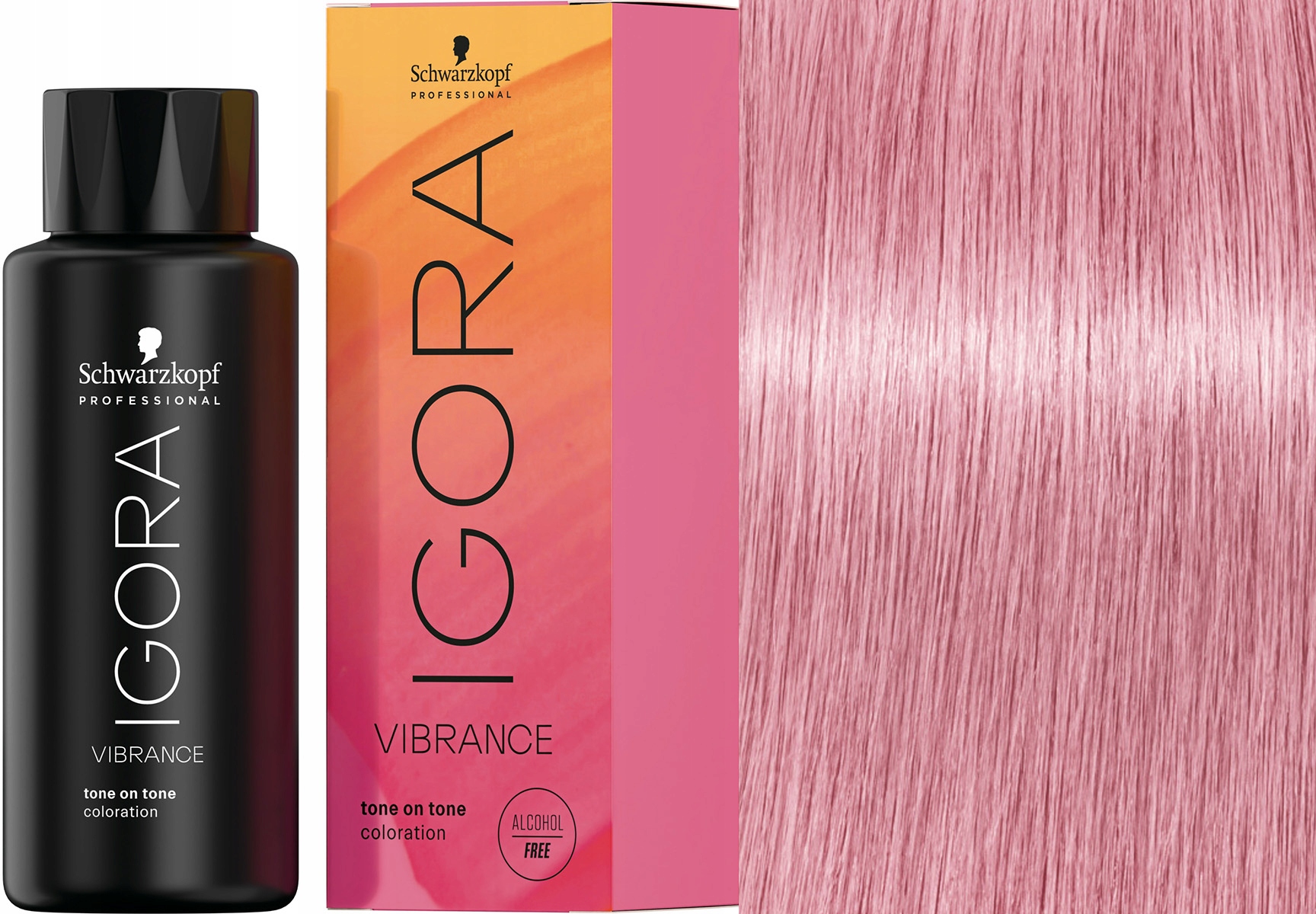 Schwarzkopf Professional Igora Vibrance 60ml in black bottle, featuring vibrant ash violet blonde color swatch, with a pink and orange box design, labeled ammonia-free and tone-on-tone coloration.