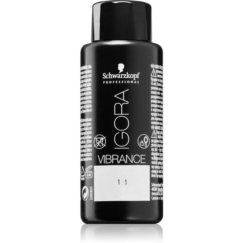 Black bottle of Schwarzkopf Professional Igora Vibrance semi-permanent dye, 60ml, labeled 8-46, featuring light chocolate blonde beige color and detailed product information on the back.