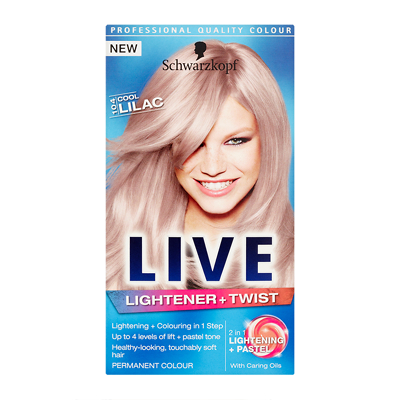 Schwarzkopf Live 2In1 Lightener+Twist hair dye in 104 Cool Lilac, featuring a vibrant pink box with a model showcasing soft, pastel lilac hair and key product details highlighted.