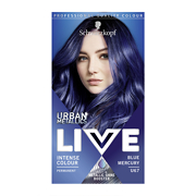 Schwarzkopf Live Intense Colour hair dye in shade U67 Blue Mercury, featuring a vibrant blue packaging with a model showcasing long, glossy blue hair.