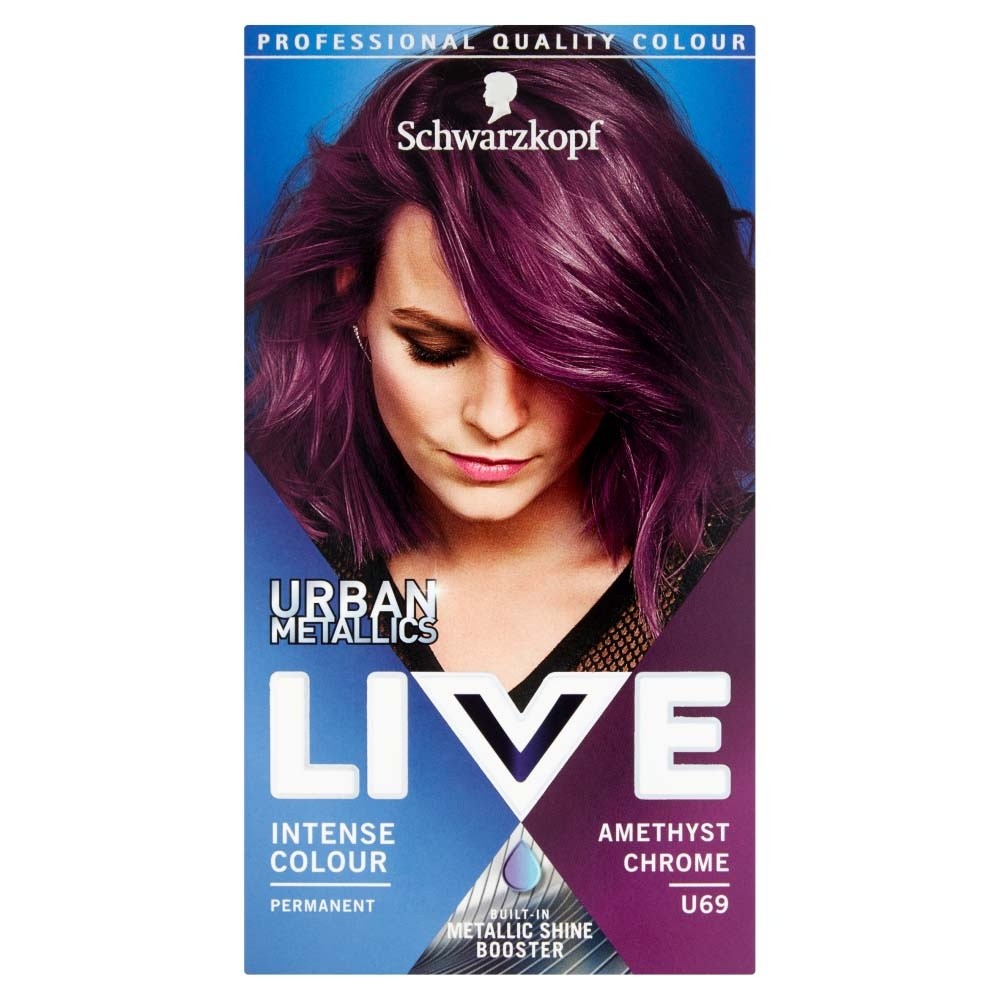 Schwarzkopf Live Intense Colour U69 Amethyst Chrome hair dye box featuring a model with vibrant purple hair, labeled "Urban Metallics" and highlighting a metallic shine booster.