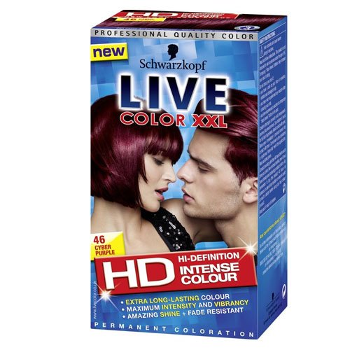 Schwarzkopf Live XXL 46 Cyber Purple hair dye box featuring a vibrant purple color, with images of a woman and man showcasing the intense shade and glossy finish.