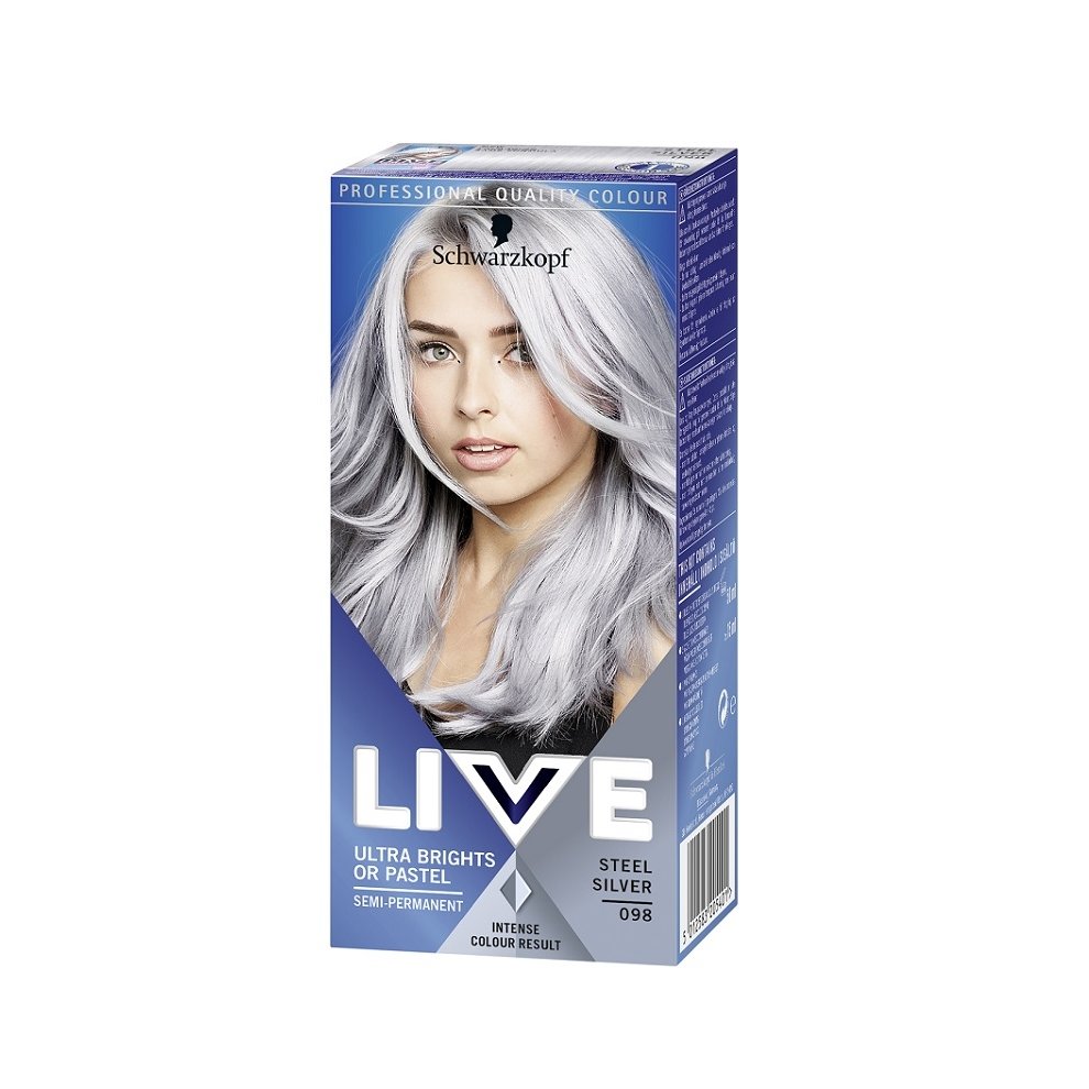 Schwarzkopf Live Steel Silver 098 semi-permanent hair color pack featuring a model with silver hair, showcasing vibrant color results and a sleek blue and silver box design.