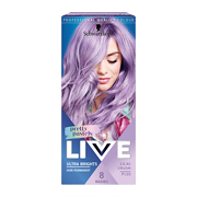 Schwarzkopf Live Ultra Brights hair dye in P120 Lilac Crush, featuring a vibrant purple box with a model showcasing long, lilac hair and bold branding.