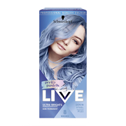 Schwarzkopf Live Ultra Brights hair dye P121 Denim Steel in a blue box featuring a model with long, light blue hair, highlighting vibrant color and professional quality.