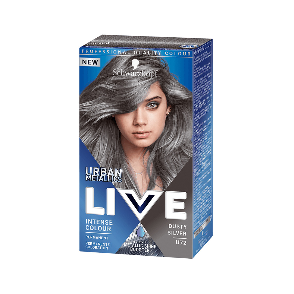 Schwarzkopf Women's Live Metallic Shine Booster hair dye in U72, featuring a model with dusty silver hair on a blue box, highlighting intense color and metallic shine.