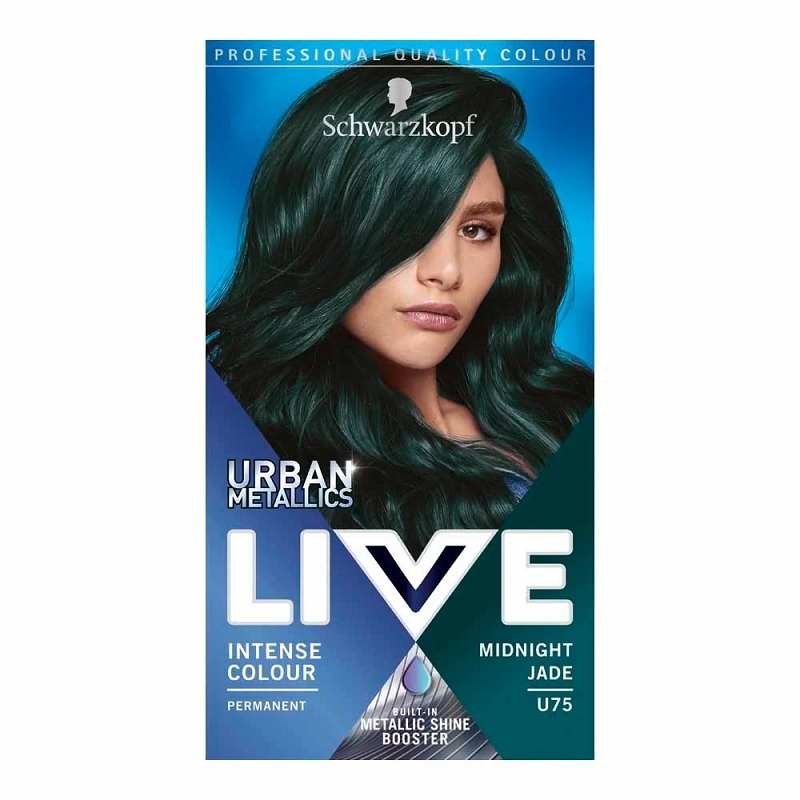 Schwarzkopf Live Urban Metallics hair dye in U75 Midnight Jade, featuring a model with deep green hair, metallic shine, and bold branding on a vibrant blue background.