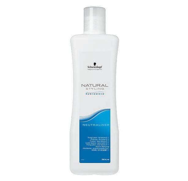 Clear plastic bottle containing 1000 ml of Schwarzkopf Professional Natural Styling Neutralizer, featuring a blue label with white text and a flip-top cap.