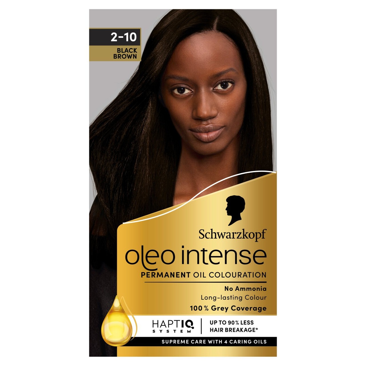 Schwarzkopf Oleo Intense 2-10 permanent hair color pack in brown, featuring a model with long, sleek hair, emphasizing no ammonia and 100% grey coverage.