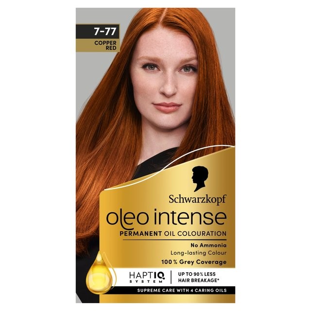 Schwarzkopf Oleo Intense Permanent Oil Colour Hair Dye in shade 7-77, featuring a model with vibrant red ginger hair, gold accents, and a label highlighting no ammonia and grey coverage.