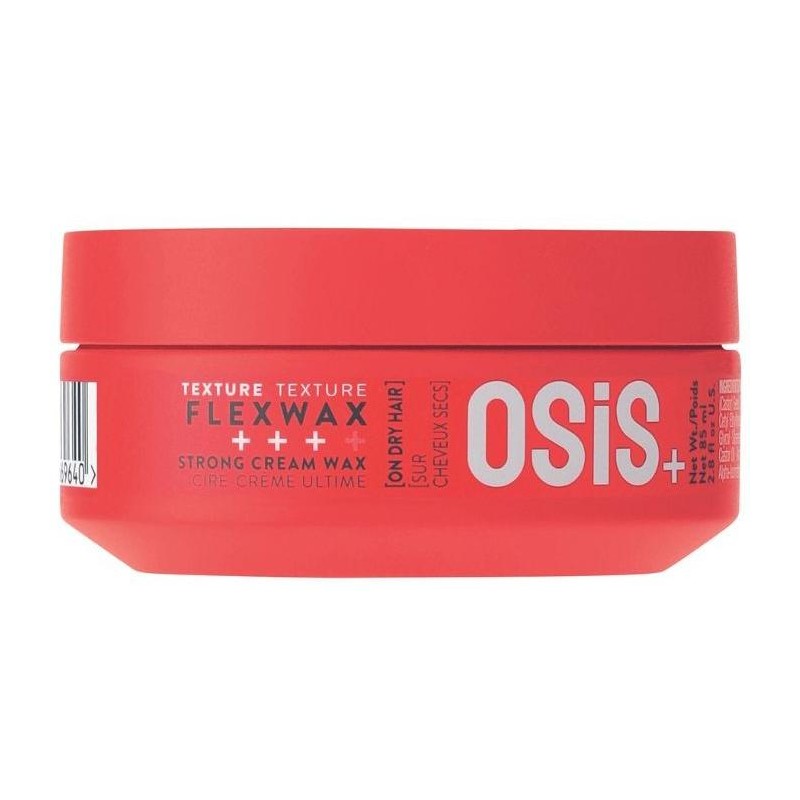 Red round container of Schwarzkopf Osis+ Flexwax, 85ml, featuring bold white text and a sleek design, labeled for strong hold and texture for dry hair.