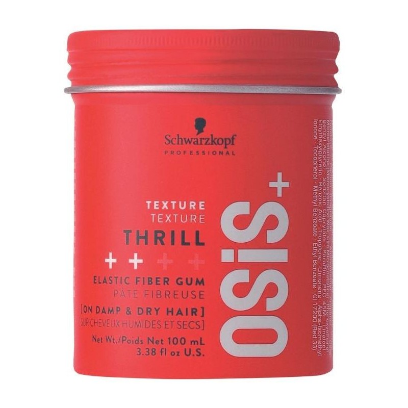 Red round container with a silver lid, labeled "OSIS+ THRILL TEXTURE FIBER GUM," featuring bold white text and a black logo, designed for unisex use on damp or dry hair.