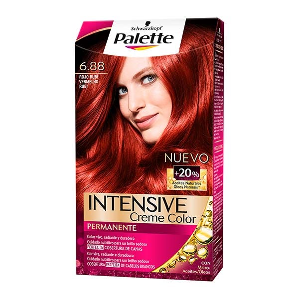 Permanent Intensive Color Cream in 6.88 Ruby Red by Schwarzkopf, featuring a vibrant red-haired model on the packaging, with bold text highlighting its long-lasting color benefits.