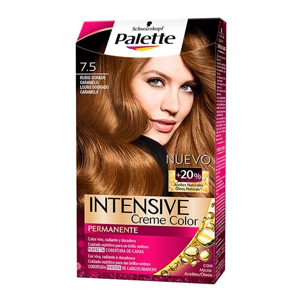 Intensive Palette Creme Color Permanente 7.5 in a vibrant golden caramel shade, featuring a model with flowing, shiny hair on the box, highlighting its color and coverage benefits.