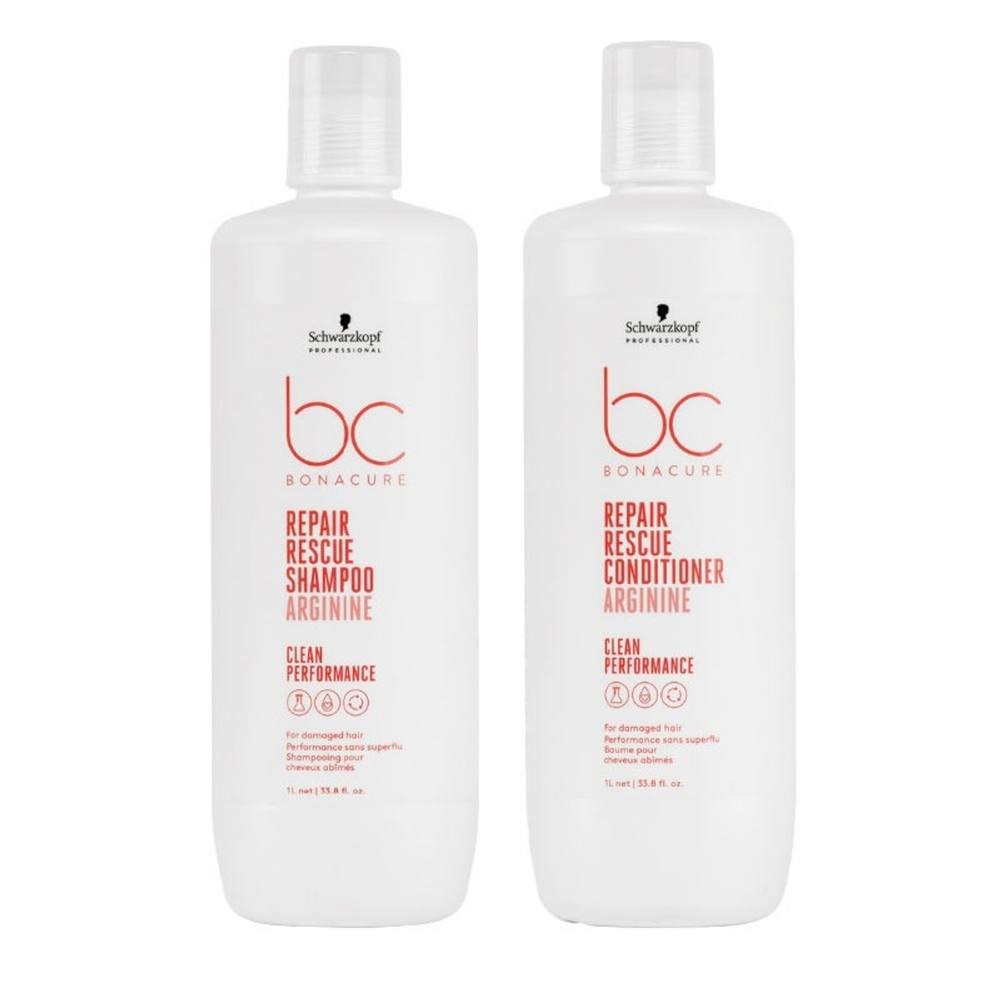 Two white bottles of Schwarzkopf BC Bonacure Repair Rescue Treatment Duo, labeled "Repair Rescue Shampoo" and "Repair Conditioner," featuring red text and a sleek design.
