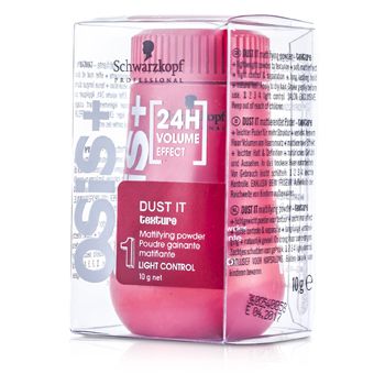 Pink cylindrical container with a textured surface, labeled "OSiS+ Dust It" in white, featuring a transparent box with product details and a matte powder for light control.