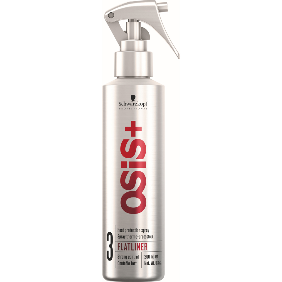 Silver spray bottle with a sleek design, featuring a white nozzle and a prominent red "OSiS+" logo, labeled as "Flatliner 3 - Heat Protecting Spray" in bold text.