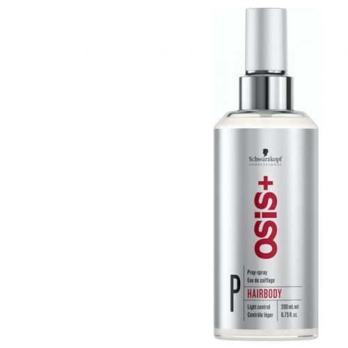 Clear spray bottle with a silver and white design, featuring the Schwarzkopf logo and "OSIS+ HAIRBODY" label, 200ml capacity, for light control and body enhancement.