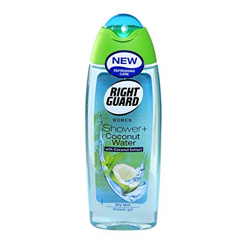 Clear plastic bottle of Right Guard Women Shower Gel, featuring a turquoise cap, green label, and a design with coconut and tropical leaves, labeled for dry skin care.