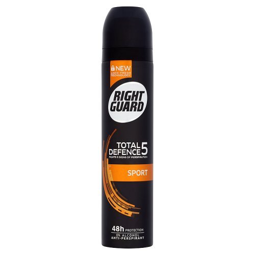Right Guard 48 Hours Anti-Perspirant Sport in a sleek black and orange aerosol can, featuring a rounded cap and bold branding, promises 48-hour protection against sweat.