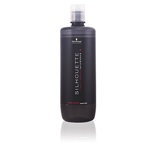Black plastic bottle of Schwarzkopf Silhouette Firm Hold Hair Styling, featuring a pump spray top, with a sleek design and red accents, labeled for 1 liter capacity.