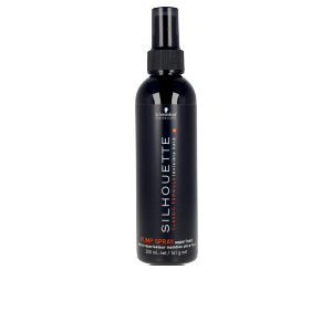 Black spray bottle with a matte finish, featuring a black pump nozzle, labeled "SILHOUETTE" and "PUMP SPRAY" in bold white and orange text, containing 200ml of strong hold hairspray.