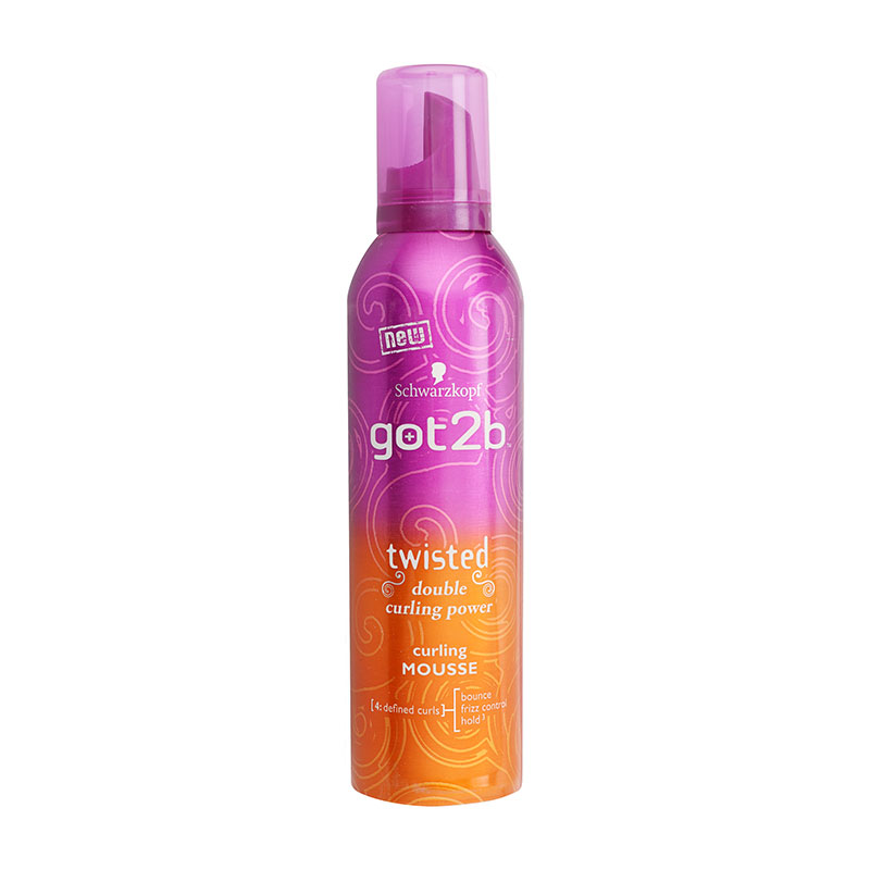 Schwarzkopf Got2b Twisted Curling Mousse in a 250ml can, featuring a gradient design from purple to orange, with a pink cap and swirling graphics, labeled for defined curls and strong hold.