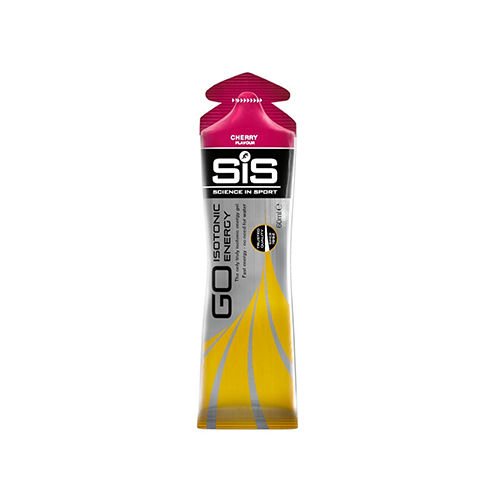 SIS Go Isotonic Energy Gel in a 60ml pouch, featuring a vibrant pink top, yellow and grey design, and labeled "Cherry" for flavor.