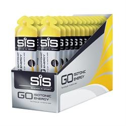 Yellow packaging of Science in Sport Go Isotonic Energy Gels in a display box, featuring black and white branding, with a pineapple flavor label on each 60ml gel.