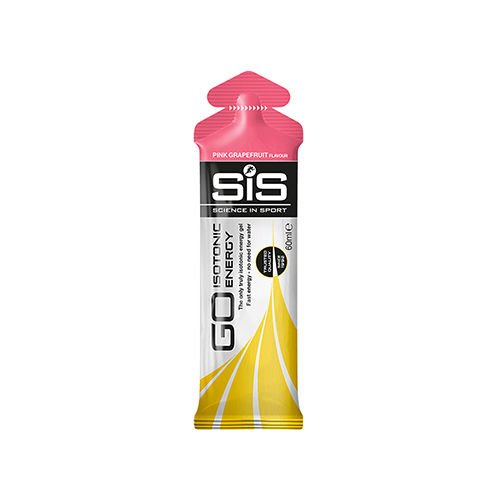 SIS Go Isotonic Energy Gel in a 60ml pouch, featuring a vibrant pink cap and yellow body, labeled with "Pink Grapefruit" flavor and key nutritional information.