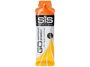 Bright orange and white packaging of SIS Go Isotonic Energy Gel, 60ml, featuring a tropical flavor label and a black logo, designed for quick energy during sports.