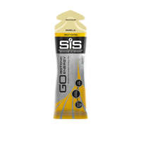 SIS Go Isotonic Energy Gel in a 60ml pouch, featuring a yellow and silver design with a black label, labeled "Vanilla" and highlighting key benefits for athletes.
