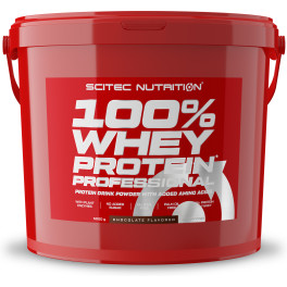 Red plastic container of "100% Whey Protein Professional" by SCITEC, featuring bold white text and a chocolate flavor label, designed for protein drink preparation.