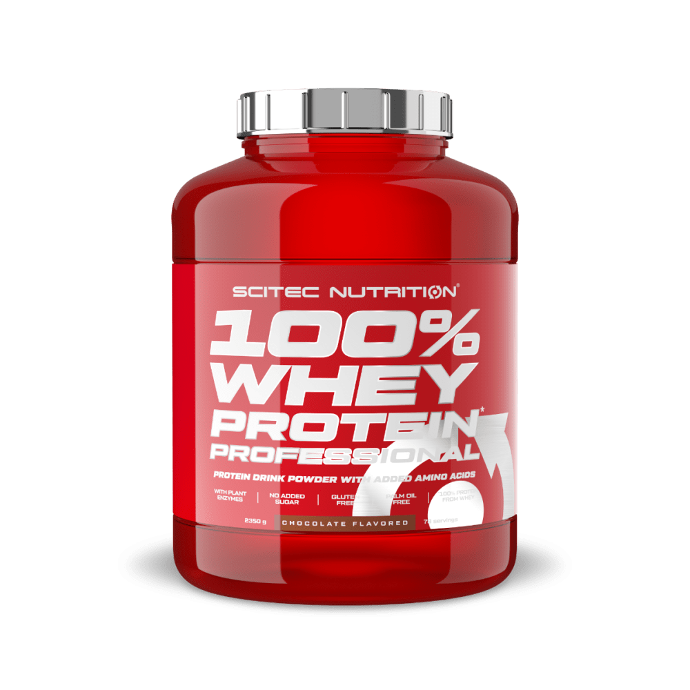 Red plastic container of SciTec 100% Whey Protein Professional, 2.3kg, featuring bold white text and a silver lid, with a focus on protein and amino acids.