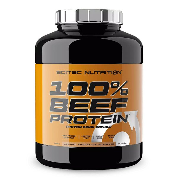 Black container with a glossy finish, featuring a bold orange and white label that reads "100% BEEF PROTEIN" and "Almond Chocolate Flavored," with nutritional details and branding from Scitec Nutrition.