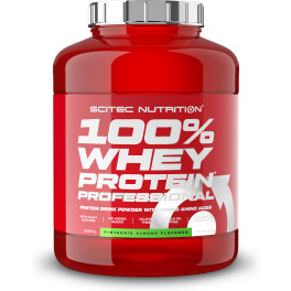 Red plastic container of SciTec 100% Whey Protein Professional, 2.3kg, featuring a white label with bold text and a peanut butter flavor indication.