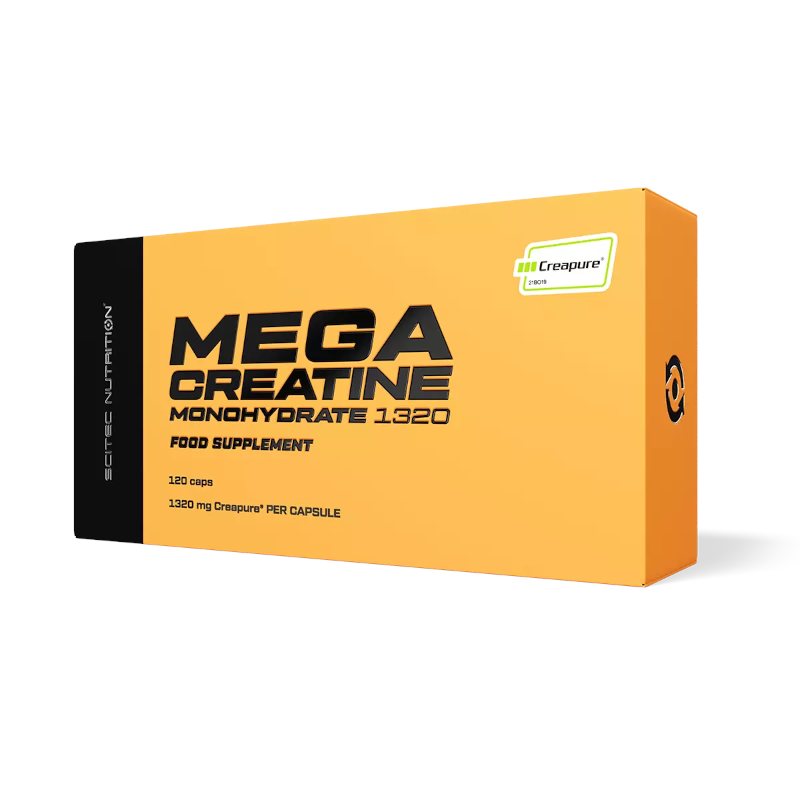 Bright orange box of SciTec Mega Creatine, featuring bold black text, labeled as a food supplement with 120 capsules, highlighting 1320 mg of Creapure per capsule.