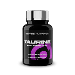 Black bottle with a silver cap, labeled "TAURINE FOOD SUPPLEMENT" in bold purple text, containing 90 capsules of 3000mg taurine by Scitec Nutrition.
