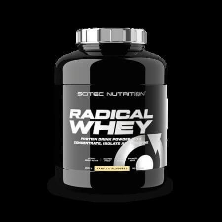 Black container of SCITEC Radical Whey protein powder, 2000g, featuring a silver lid and bold white text, highlighting "Radical Whey" and "Vanilla Flavored."