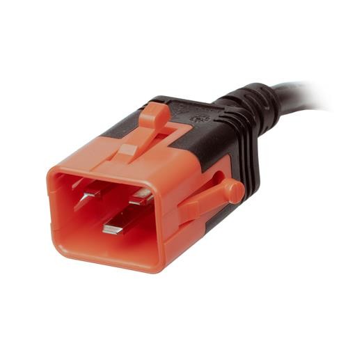 Orange and black PVC electrical connector with a 1.5mm thickness, featuring a D-lock mechanism for secure attachment.