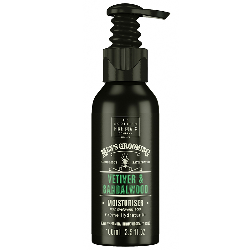 Black plastic bottle with a pump dispenser, labeled "Men's Grooming Vetiver & Sandalwood Moisturiser," featuring green and white text, 100ml size.