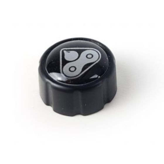 Black plastic breather cap with a glossy finish, featuring a white Scottoiler logo design of two droplets, designed for motorcycle oil systems.